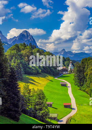 Mountain Wam near Garmisch-Partenkirchen, look at Wettersteingebirge with Waxenstein and Daniel, the Bavarian Alps, Werdenfelser country, Upper Bavari Stock Photo