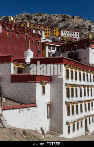 The Ganden Monastery sits at the top of a natural amphitheater on Wangbur Mountain.  It was founded in 1409 A.D.  but was mostly destroyed in 1959 by  Stock Photo