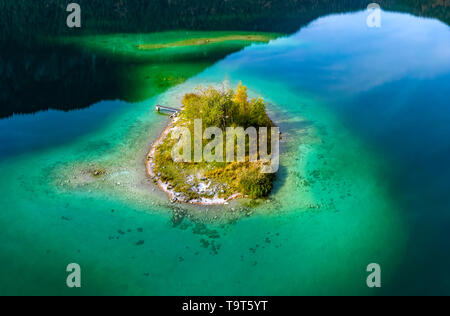 Aerial photo, Eibsee with island in autumn with Grainau, Upper Bavaria, Bavaria, Germany, Europe, Luftaufnahme, Eibsee mit Insel im Herbst bei Grainau Stock Photo