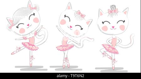 Set of three cute white ballerina cats in pink ballet tutu and pointe Stock Vector