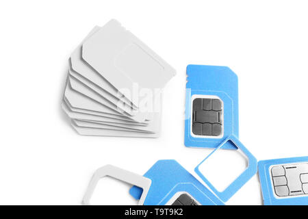 Different sim cards on white background Stock Photo
