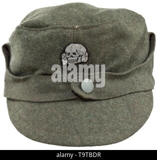 A field cap M 43 for enlisted men/NCOs of the Waffen-SS late model with National eagle on left side Depot piece in field-grey woollen cloth, grained zinc buttons, BeVo-woven insignia (machine-stitched), brown inner liner with handwritten size designation '58'. In minimally used condition. historic, historical, 20th century, 1930s, 1940s, Waffen-SS, armed division of the SS, armed service, armed services, NS, National Socialism, Nazism, Third Reich, German Reich, Germany, military, militaria, utensil, piece of equipment, utensils, object, objects, stills, clipping, clippings, Editorial-Use-Only Stock Photo