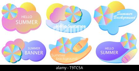 Summer liquid gradient banner set. Colorful fluid shapes isolated on white background. Beach umbrella and sea in material design style. Vector illustr Stock Vector