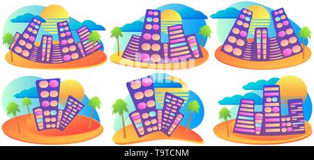 Summer city with palm and sun. Fluid gradient design banner set. Resort with sandy beach. Vector illustration Stock Vector
