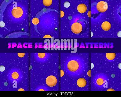 Space seamless pattern set. Background with planets and stars, nebula. Vector illustration Stock Vector
