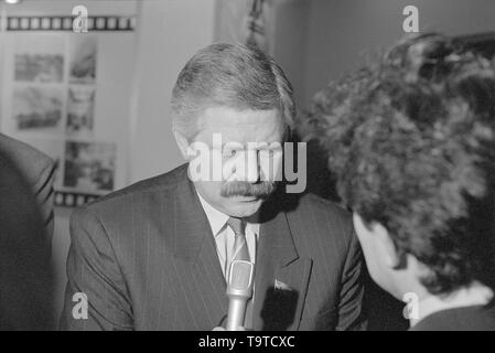 Moscow, Russia - March 28, 1991: People's deputy of the Russian SFSR Alexander Vladimirovich Rutskoy talks to journalist at 3d extraordinary Congress of people's deputies of russian RSFSR. Stock Photo
