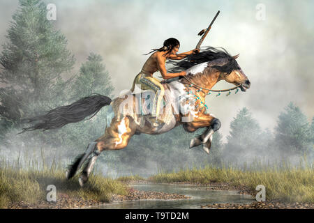A Native American Indian with a spear riding horseback in South Stock ...