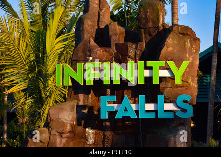 Orlando, Florida. March 09 2019. Infinity Falls sign at Seaworld in International Drive area. Stock Photo