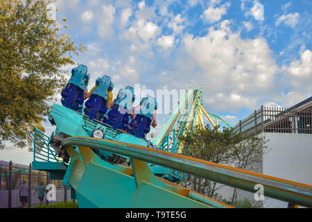 Orlando, Florida. March 09,  2019 People having fun Kraken rollercoaster at Seaworld Marine Theme Park (2) Stock Photo