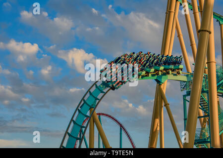 Orlando, Florida. March 09,  2019 People having fun Kraken rollercoaster at Seaworld Marine Theme Park (3) Stock Photo