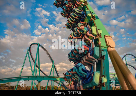 Orlando, Florida. March 09,  2019 People having fun Kraken rollercoaster at Seaworld Marine Theme Park (4) Stock Photo