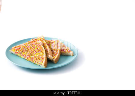 Traditional Australian fairy bread on plate isolated on white background. Copyspace Stock Photo