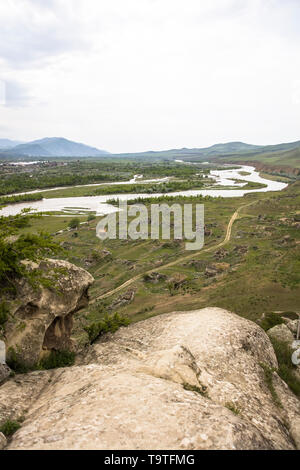 View at Mtkvari river from the Georgian rock cave city Uplistsikhe in Georgia Stock Photo