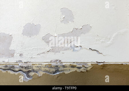 Old weathered painted wall background texture. White and brown peeled plaster wall with falling off flakes of paint Stock Photo