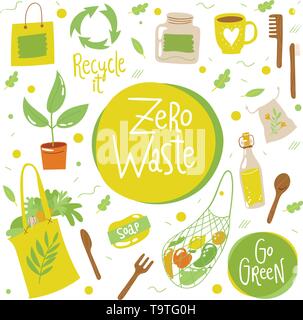 Zero waste vector set with eco life elements  Stock Vector