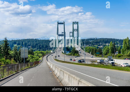 Two suspension bridges known as the Narrows Bridge in Tacoma, Washington. Stock Photo