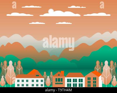 Hills and mountains landscape with house farm in flat style design. Forest in valley illustration. Beautiful green fields, meadow, tree, sky and sun.  Stock Vector