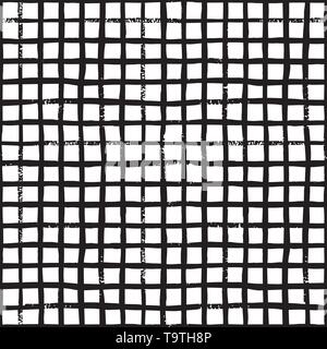 Hand draw brush mesh black and white seamless pattern. Abstract monochrome background with crossing brushed lines. Endless plaid texture. Stock Vector