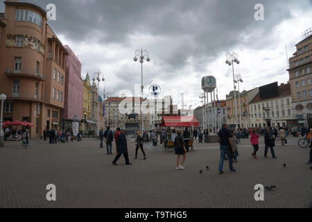 Main square, Trg Ban Jelačić, Zagreb, Croatia on a cloudy day Stock Photo