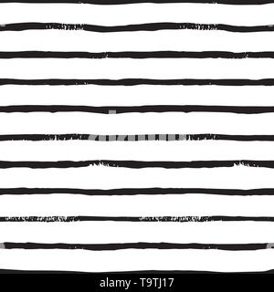 Stripe Line Brush seamless pattern in monochrome. Vector grunge background with black brush strokes. Hand drawn horizontal strip texture. Stock Vector