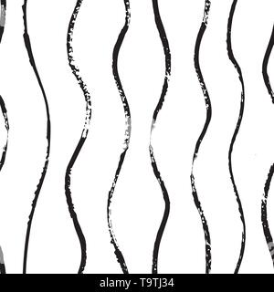 Wave Brush hand draw seamless pattern. Abstract lines background with wavy brush strokes. Black and white endless texture. Design for t-shirt Stock Vector