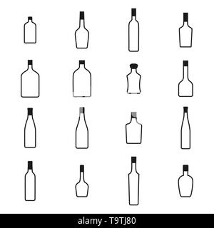 Alcohol bottles icons set from thin lines. Black silhouettes on a white background, vector illustration. Stock Vector