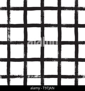 Hand draw brush grid black and white seamless pattern. Abstract monochrome check background with crossing brush Stroke. Endless plaid texture. Stock Vector