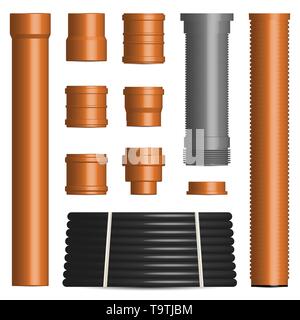 Set of various plastic pipes for sewage, water pipe and connecting flanges isolated on a white background. Front view, vector illustration. Stock Vector