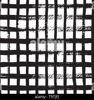 Hand draw brush grid black and white seamless pattern. Abstract monochrome check background with crossing brush Stroke. Endless plaid texture. Stock Vector