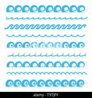 Blue sea water waves seamless borders, isolated on white background. Horizontal aqua elements, vector illustration. Stock Vector