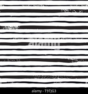 Stripe Line Brush seamless pattern in monochrome. Vector grunge background with black brush strokes. Hand drawn horizontal strip texture. Stock Vector