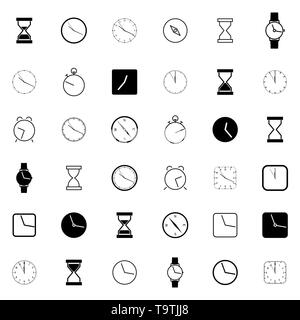 Set of different clock icons, isolated black silhouettes on white background. Flat style, vector illustration. Stock Vector