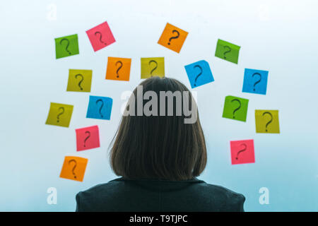 Businesswoman facing questions and challenges in business situation, rear view of female business person looking at question marks written on colorful Stock Photo