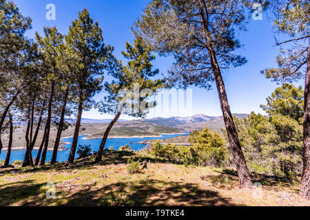 Panoramic landscape with pine trees and bottom lakes surrounded by mountains. madrid Spain Stock Photo