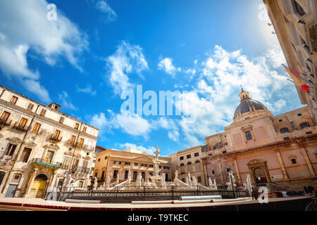 View of Fountain Pretoria on Piazza Pretoria and dome of church. Palermo, Sicily, Italy Stock Photo
