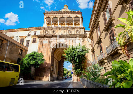 Cityscape with medieval gate Porta Nuova (New Gate) in Palermo. Sicily, Italy Stock Photo