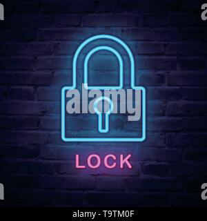 Vector illuminated neon light icon sign lock. Ideal for both print and web design. Stock Vector