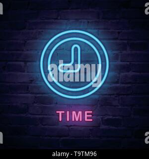 Vector illuminated neon light icon sign round clock time. Ideal for both print and web design. Stock Vector
