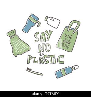 Say no to plastic quote with  eco lifestyle elements isolated on white background. Hand drawn text and zero waste symbols in doodle style set. Vector  Stock Vector