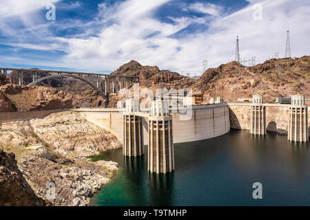 Intake towers of the Hoover Dam between Arizona and Nevada, USA Stock Photo