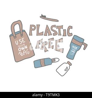 Plastic free concept. Quote with eco lifestyle elements isolated on white background. Emblem with handwritten lettering and zero waste symbols set in  Stock Vector