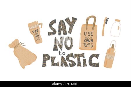 Say no to plastic quote with  eco lifestyle elements isolated on white background. Hand drawn text and zero waste symbols in doodle style set. Vector  Stock Vector
