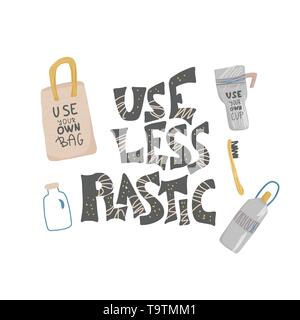 Use less plastic concept. Quote with  eco lifestyle elements in flat style isolated on white background. Emblem with handwritten lettering and zero wa Stock Vector