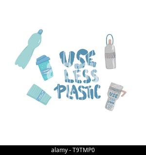 Use less plastic concept. Quote with plastic and eco lifestyle elements isolated on white background. Emblem with handwritten lettering and zero waste Stock Vector