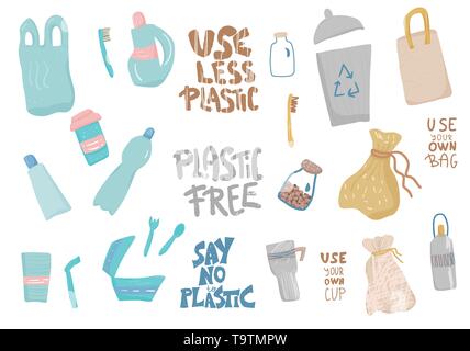 Say no to plastic design elements set in flat style. Quotes with eco lifestyle things isolated on white background. Handwritten lettering and zero was Stock Vector