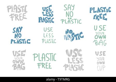 No plastic set of quotes. Eco lifestyle text elements isolated on white background. Emblem with handwritten lettering collection. Vector color illustr Stock Vector