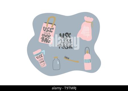 Use less plastic concept. Quote with eco lifestyle elements isolated on white background. Emblem with handwritten lettering and zero waste symbols set Stock Vector