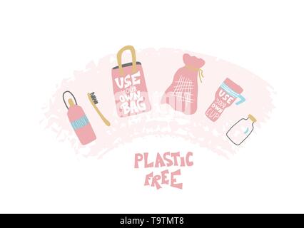 Plastic free concept. Quote with eco lifestyle elements isolated on white background. Emblem with handwritten lettering and zero waste symbols set. Ve Stock Vector
