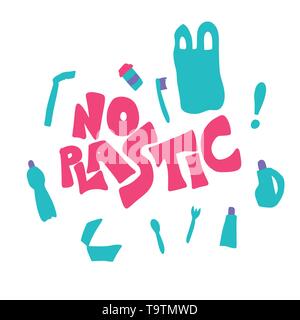 No plastic concept. Quote with eco lifestyle elements isolated on white background. Emblem with handwritten lettering and zero waste symbols set.  Vec Stock Vector