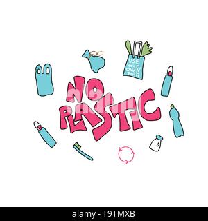 No plastic concept. Quote with eco lifestyle elements. Emblem with handwritten lettering and zero waste symbols set.  Vector  illustration. Stock Vector